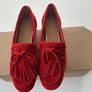 Boden Red Suede Moccasins with Fringe